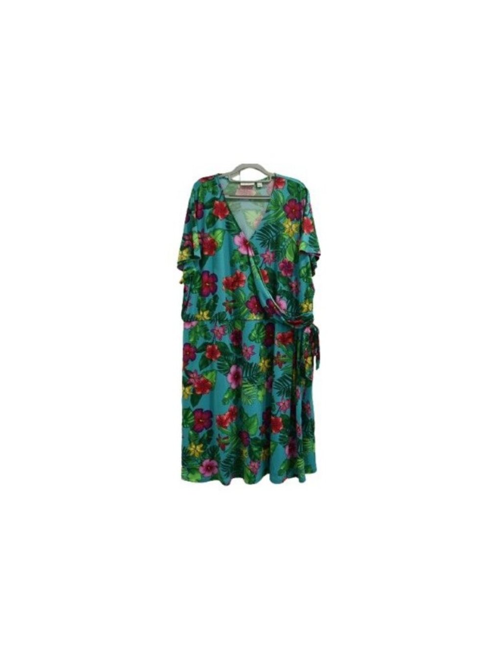 NWOT Susan Graver Liquid Knit Faux Wrap Dress Blue 3X Tropical Resort